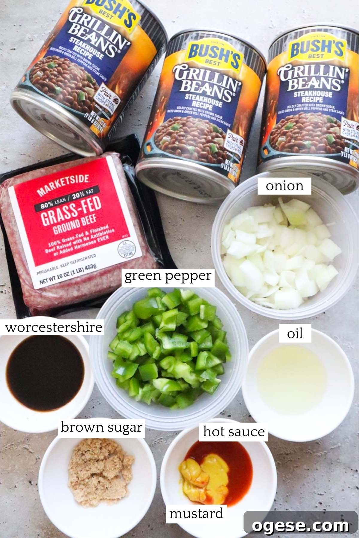 labeled ingredients to make baked beans with ground beef.