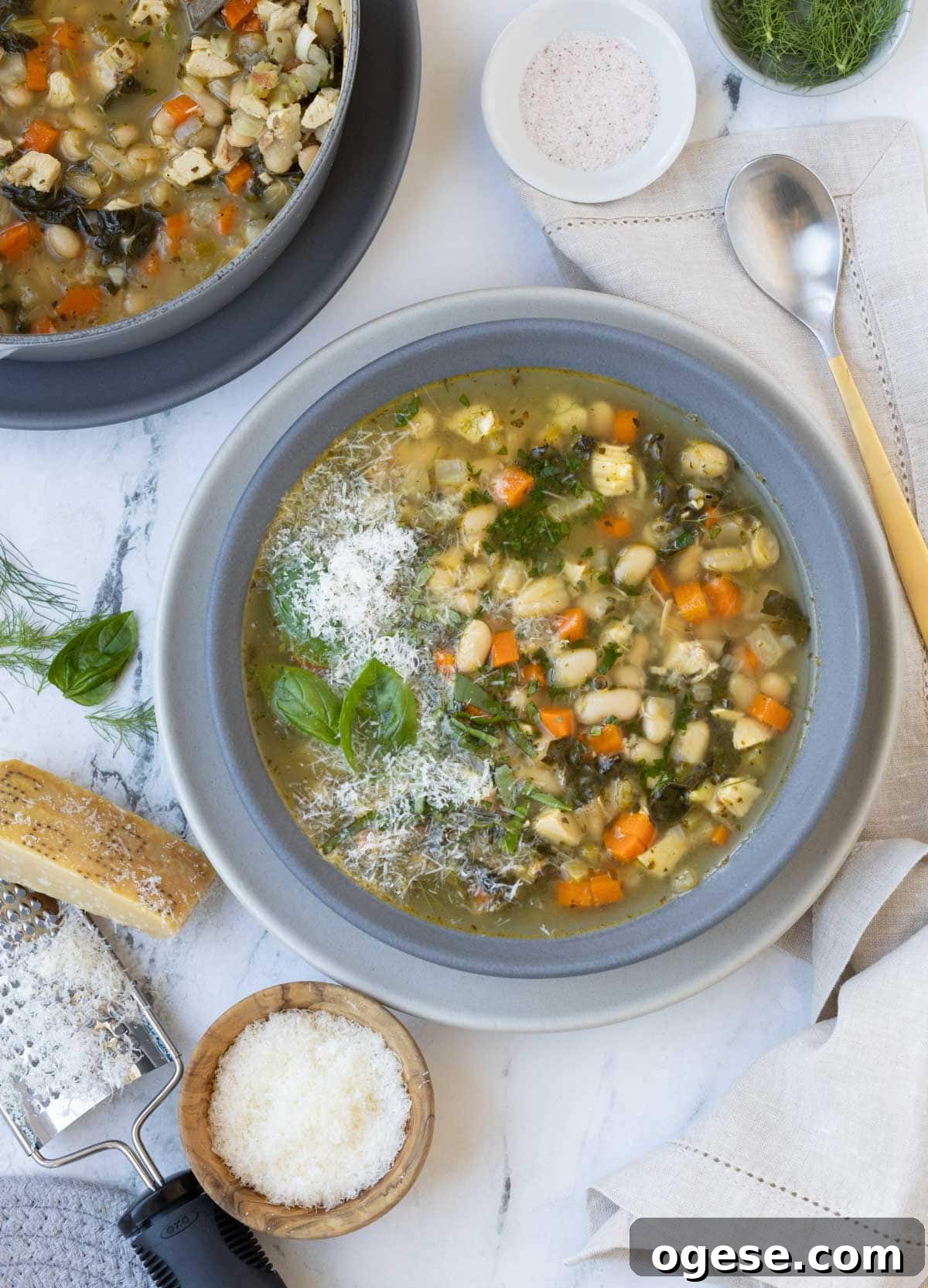 Tuscan White Bean Soup Recipe with Garlic and Kale 2 A gray bowl of white bean soup with basil, parmesan, and kale.