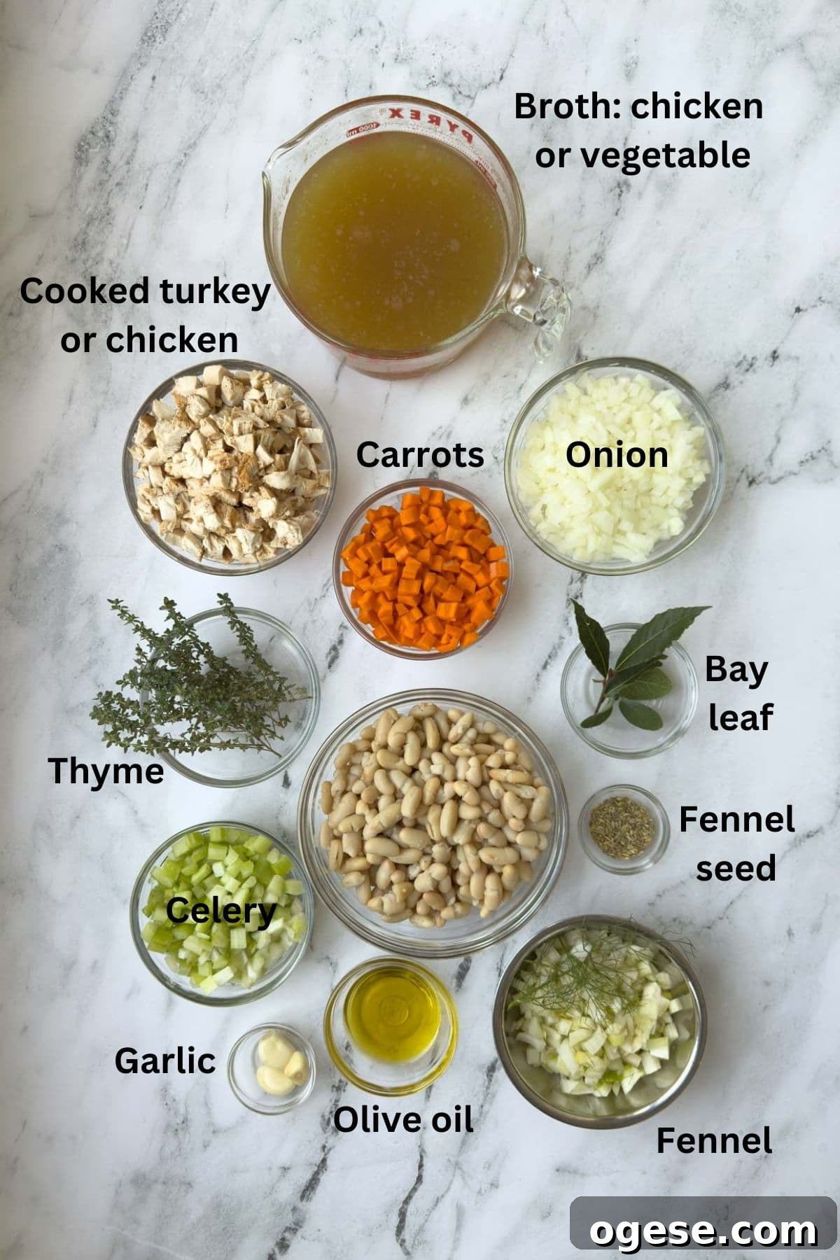 Tuscan White Bean Soup Recipe with Garlic and Kale 3 Ingredients for white bean soup with turkey or chicken with herbs and aromatics.
