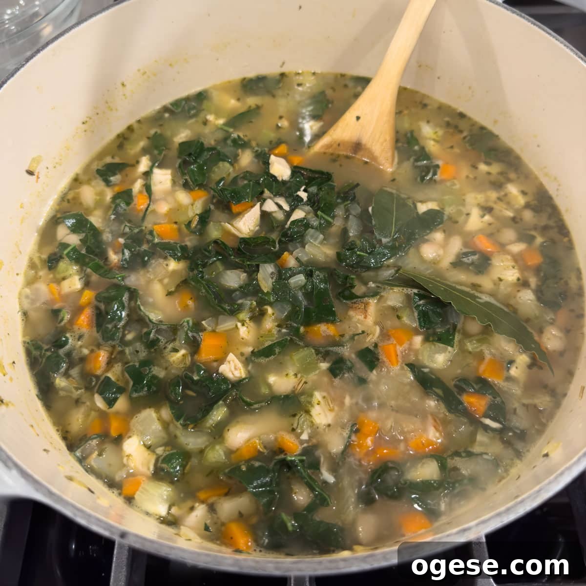 Tuscan White Bean Soup Recipe with Garlic and Kale 8 Adding kale to a soup pot for added vegetables and nutritoin.
