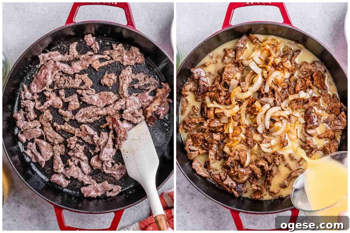 Creamy Philly Cheesesteak Pasta with Peppers & Onions 5 process shot to sear the beef and add the broth over the beef in a red pan.