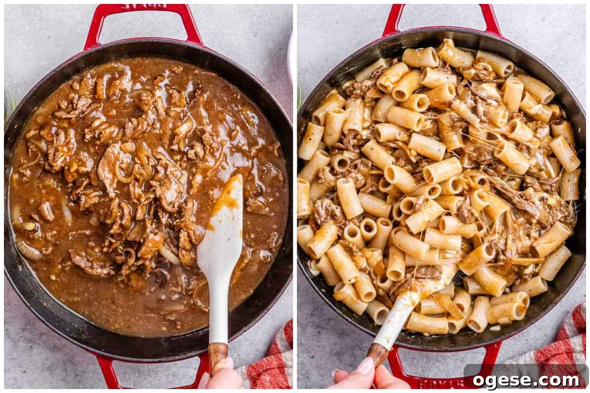 Creamy Philly Cheesesteak Pasta with Peppers & Onions 6 process shot to cook the beef in sauce, adding pasta with beef sauce in a red skillet.